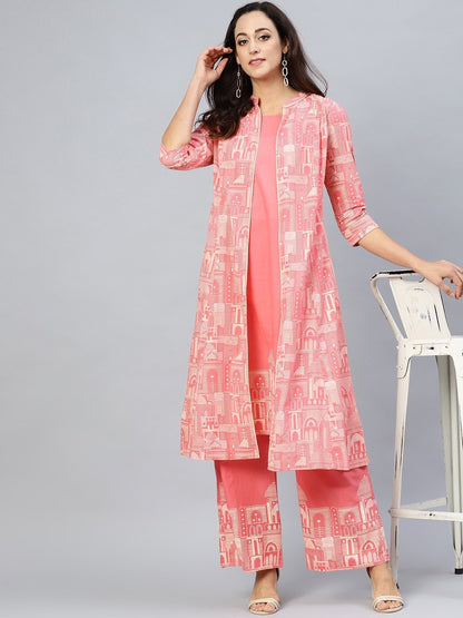 Women's  Pink & Off-White Khari Print Layered A-Line Kurta