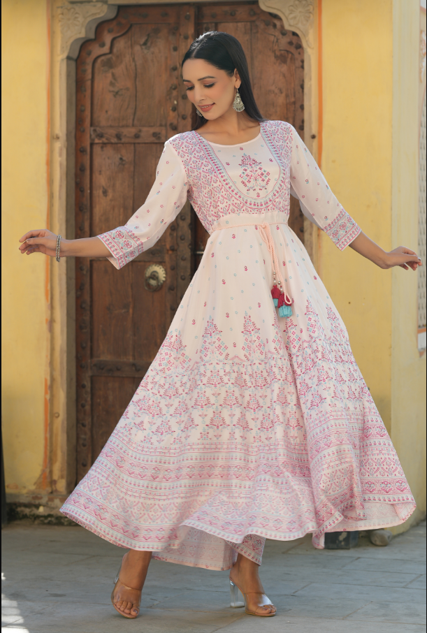Women's Pink Viscose Shantoon Festive Printed Flared Dress