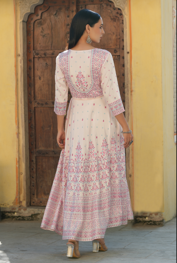 Women's Pink Viscose Shantoon Festive Printed Flared Dress