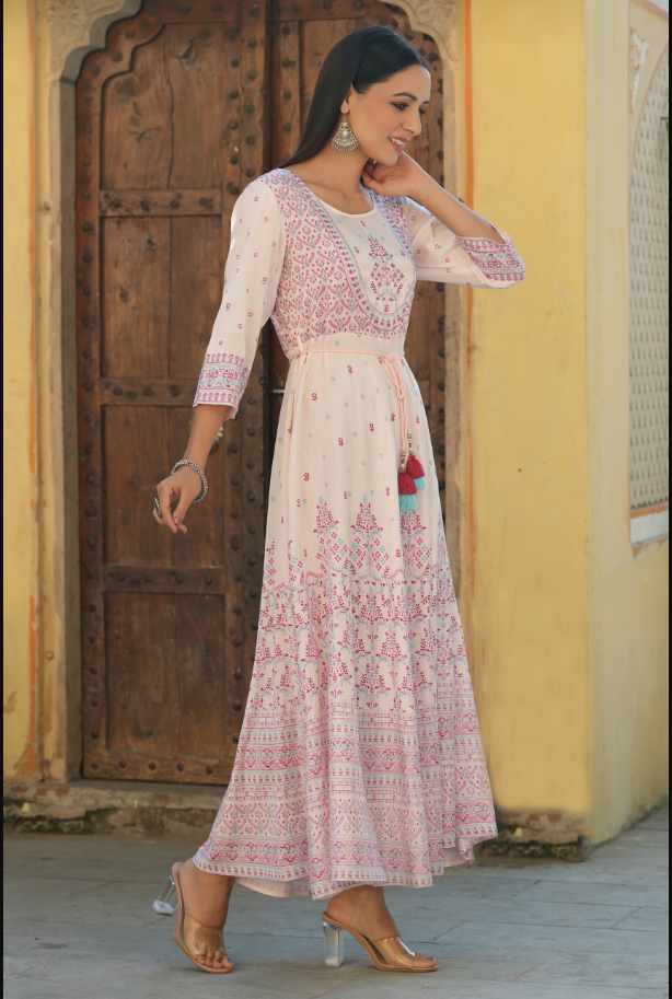 Women's Pink Viscose Shantoon Festive Printed Flared Dress