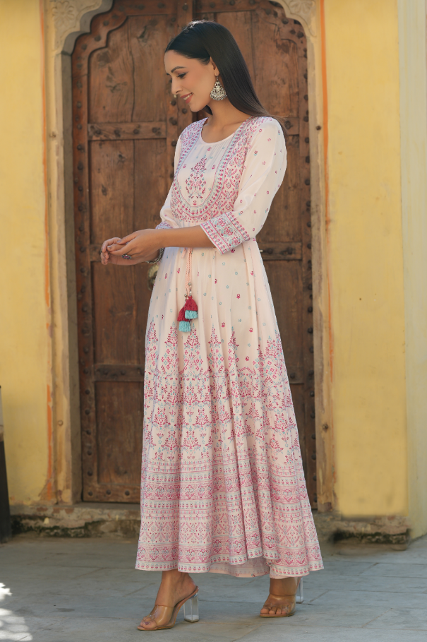 Women's Pink Viscose Shantoon Festive Printed Flared Dress