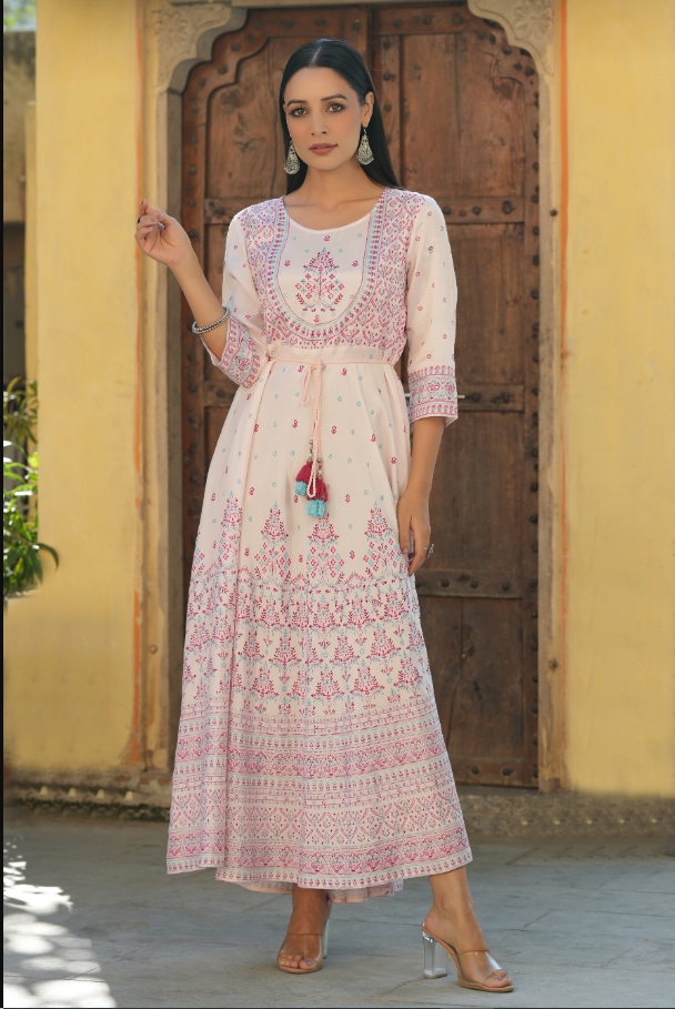 Women's Pink Viscose Shantoon Festive Printed Flared Dress