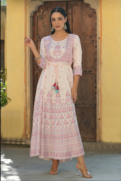Women's Pink Viscose Shantoon Festive Printed Flared Dress
