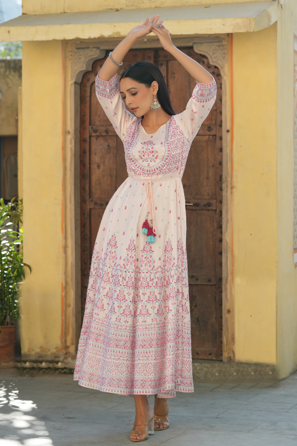 Women's Pink Viscose Shantoon Festive Printed Flared Dress