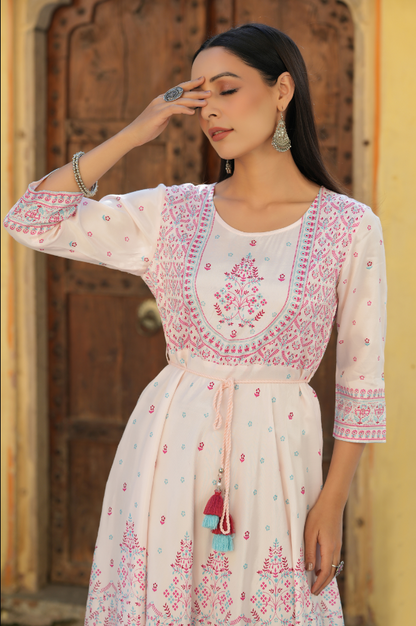 Women's Pink Viscose Shantoon Festive Printed Flared Dress