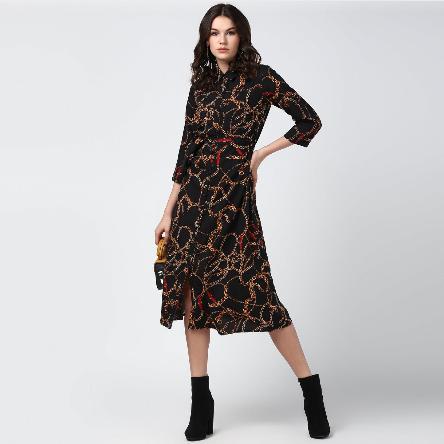 Women's Black and Yellow Chain Print Midi Dress