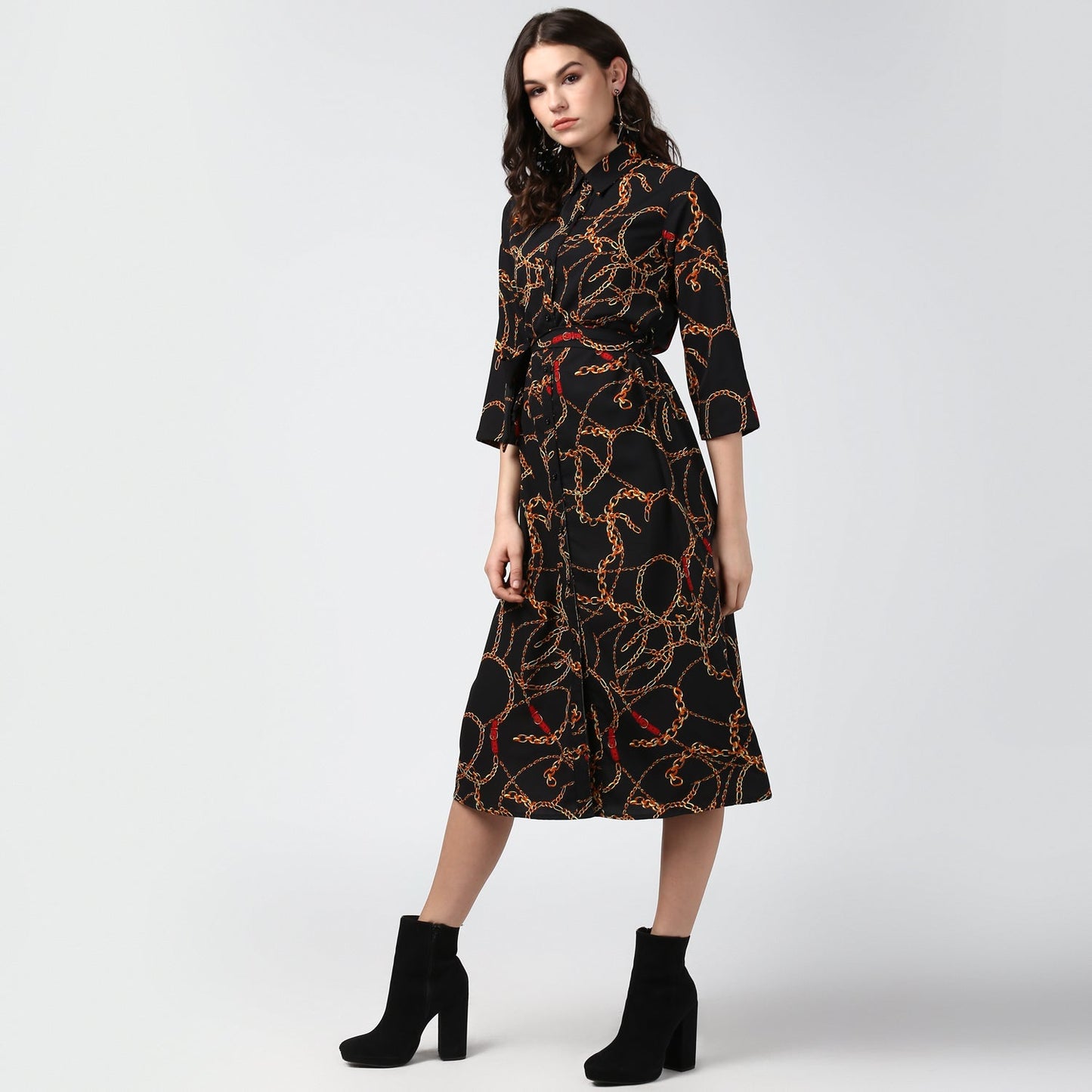 Women's Black and Yellow Chain Print Midi Dress