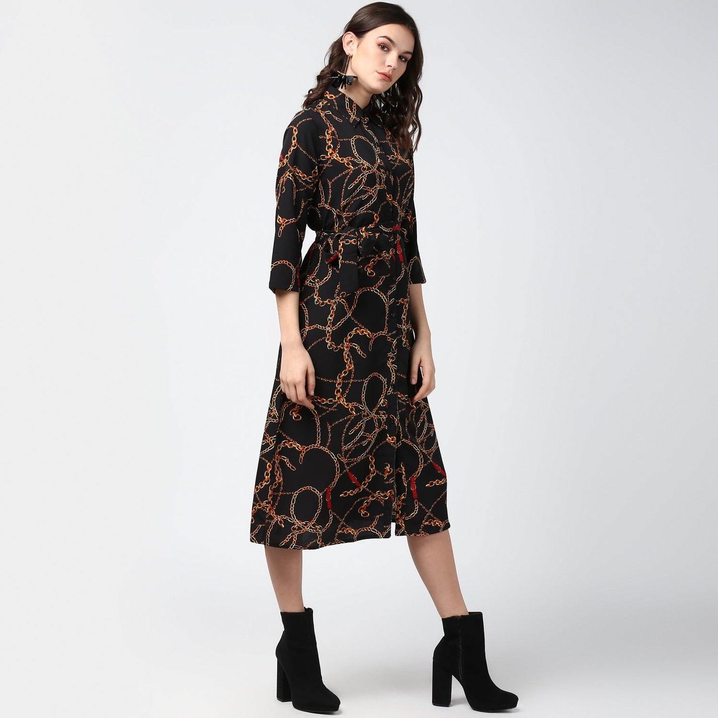 Women's Black and Yellow Chain Print Midi Dress