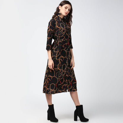Women's Black and Yellow Chain Print Midi Dress
