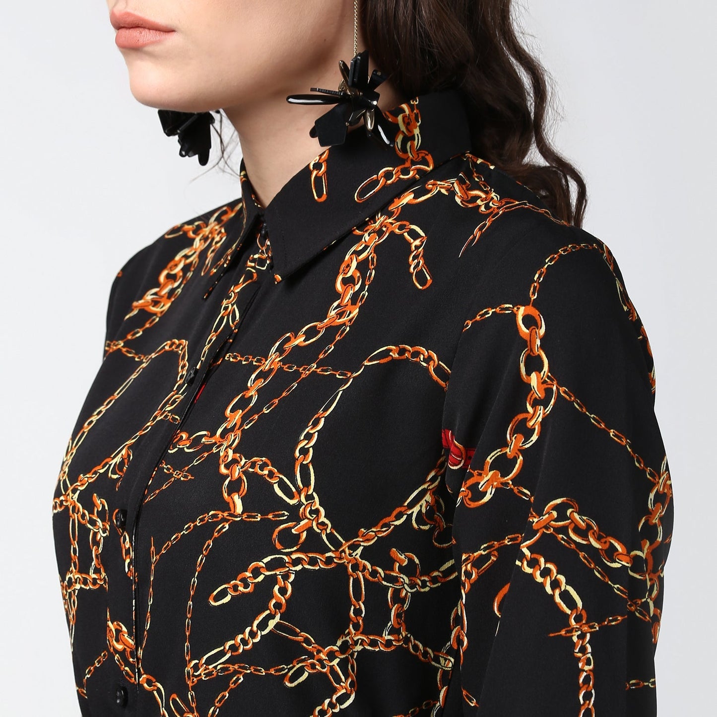 Women's Black and Yellow Chain Print Midi Dress