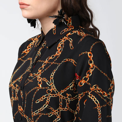 Women's Black and Yellow Chain Print Midi Dress