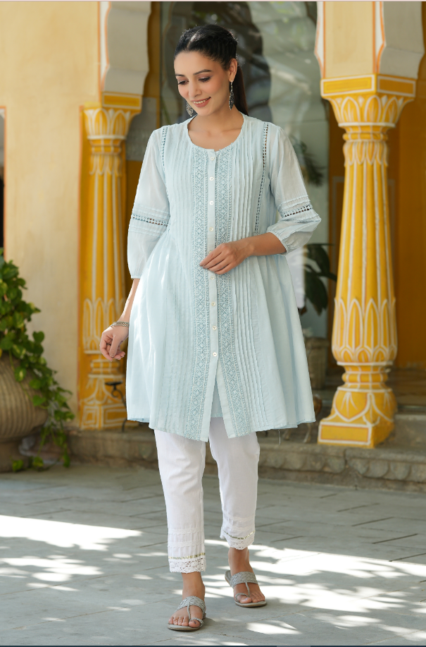 Women's Sky Blue Cotton Silk Solid A-Line Kurta