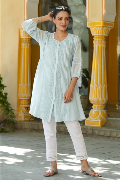 Women's Sky Blue Cotton Silk Solid A-Line Kurta