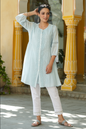 Women's Sky Blue Cotton Silk Solid A-Line Kurta