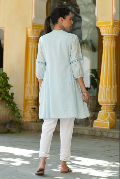 Women's Sky Blue Cotton Silk Solid A-Line Kurta
