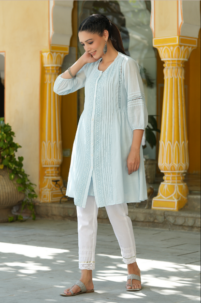 Women's Sky Blue Cotton Silk Solid A-Line Kurta