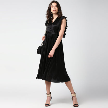 Women's Black Satin Pleating Evening Midi Dress