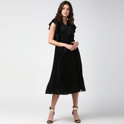 Women's Black Satin Pleating Evening Midi Dress