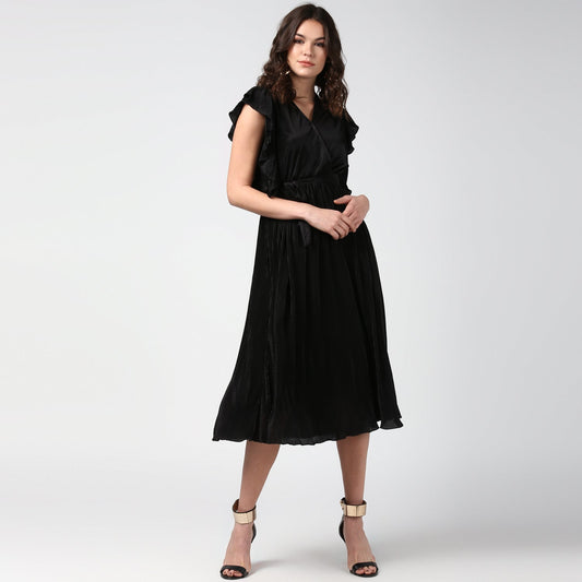 Women's Black Satin Pleating Evening Midi Dress