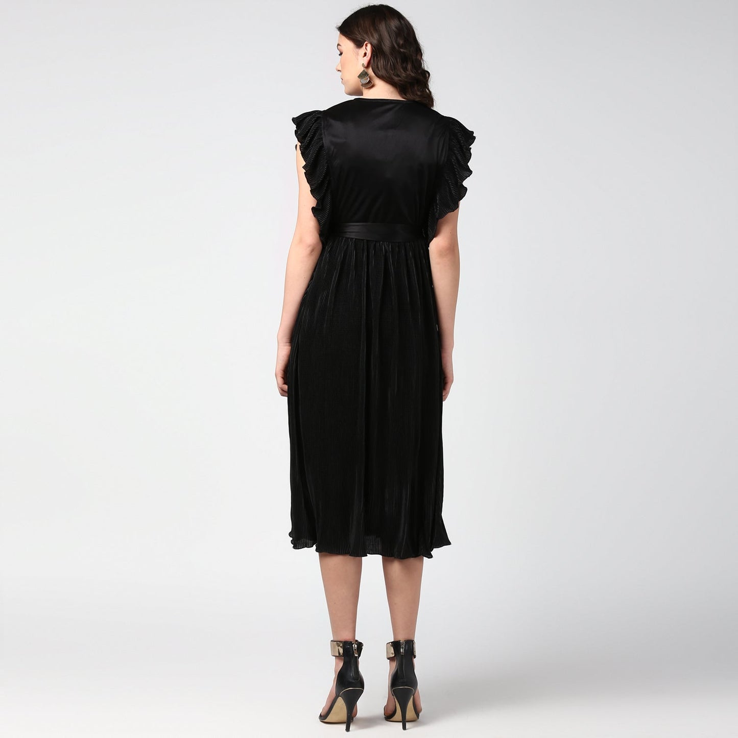 Women's Black Satin Pleating Evening Midi Dress