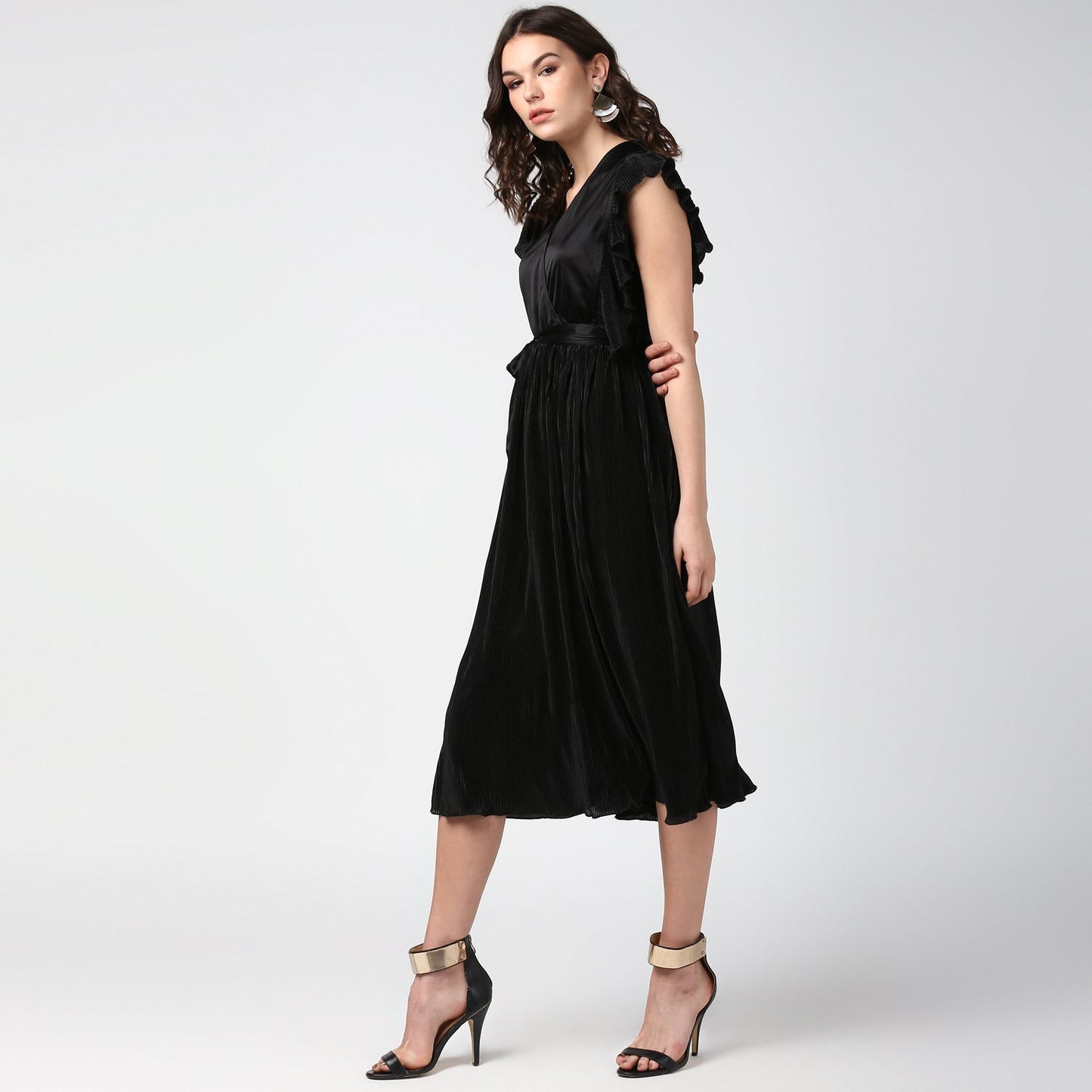 Women's Black Satin Pleating Evening Midi Dress