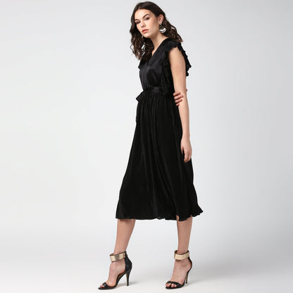 Women's Black Satin Pleating Evening Midi Dress