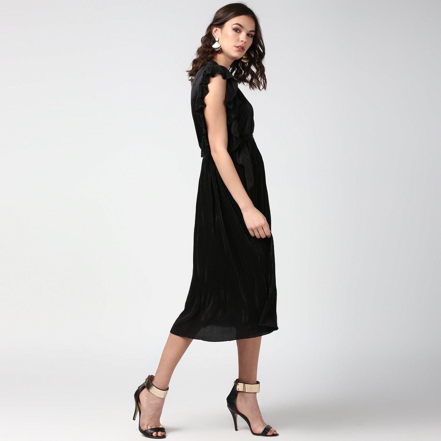 Women's Black Satin Pleating Evening Midi Dress
