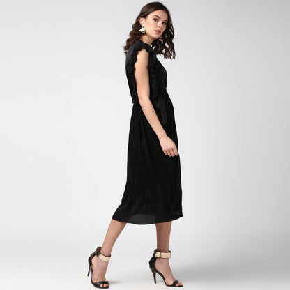 Women's Black Satin Pleating Evening Midi Dress