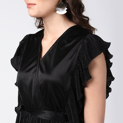 Women's Black Satin Pleating Evening Midi Dress