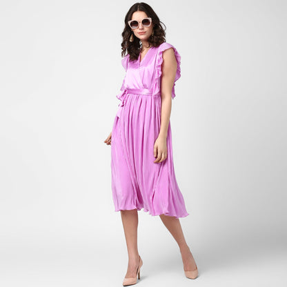Women's Lavender Satin Pleating Evening Midi Dress