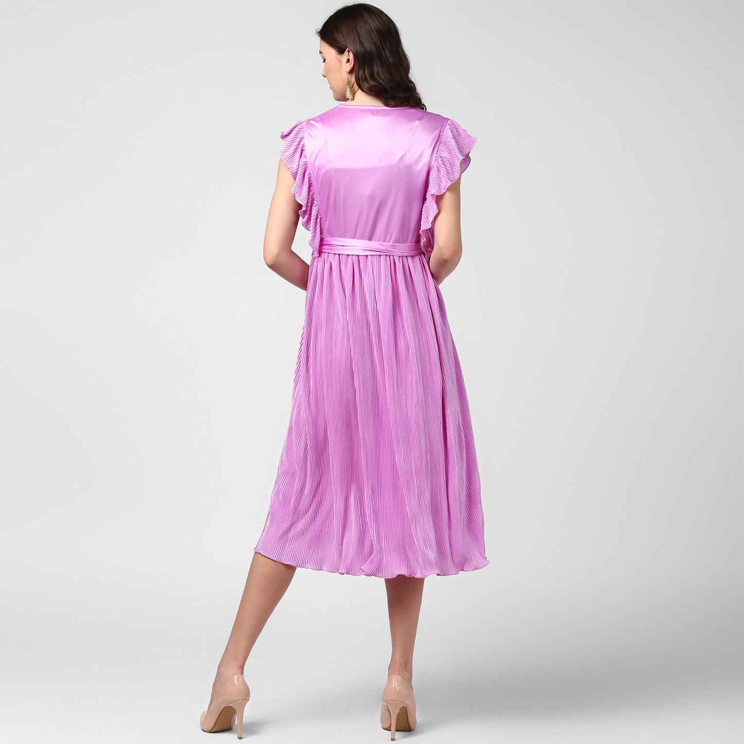 Women's Lavender Satin Pleating Evening Midi Dress