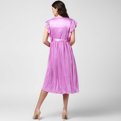 Women's Lavender Satin Pleating Evening Midi Dress