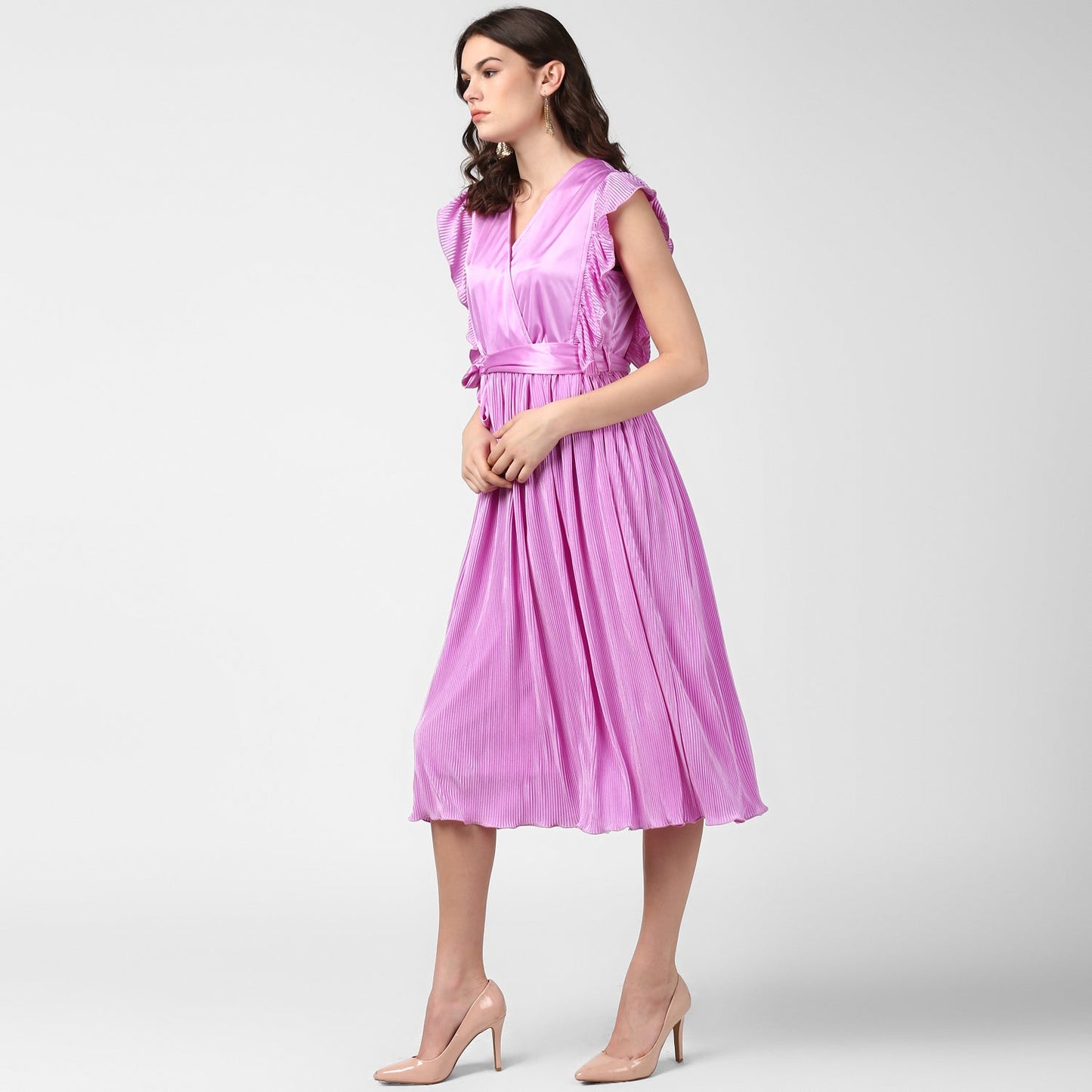 Women's Lavender Satin Pleating Evening Midi Dress