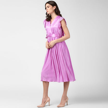 Women's Lavender Satin Pleating Evening Midi Dress