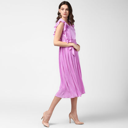 Women's Lavender Satin Pleating Evening Midi Dress