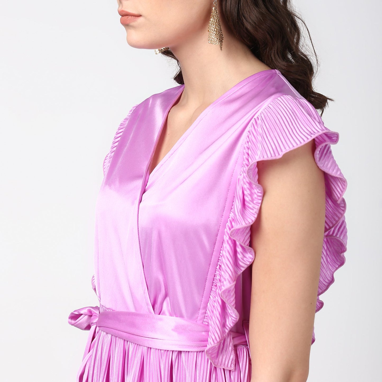 Women's Lavender Satin Pleating Evening Midi Dress