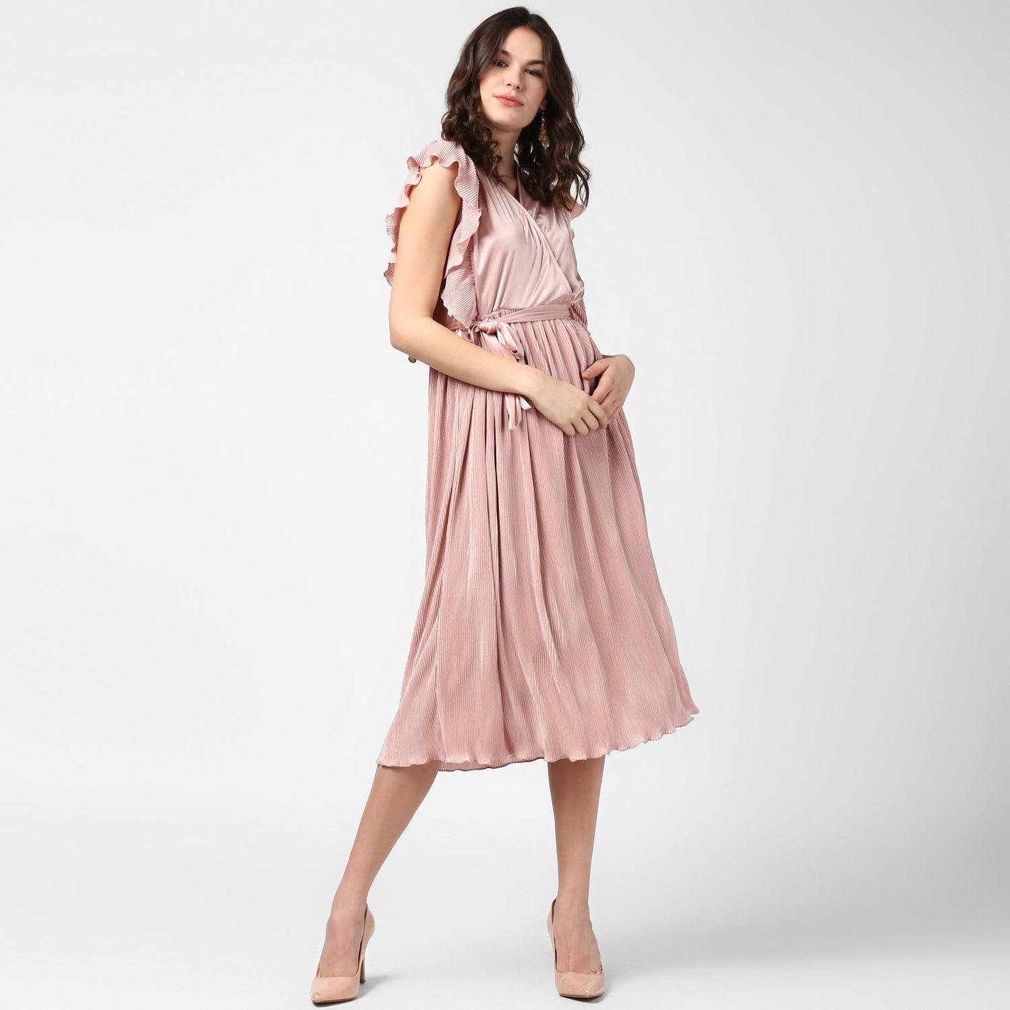 Women's pink Satin Pleating Evening Midi Dress