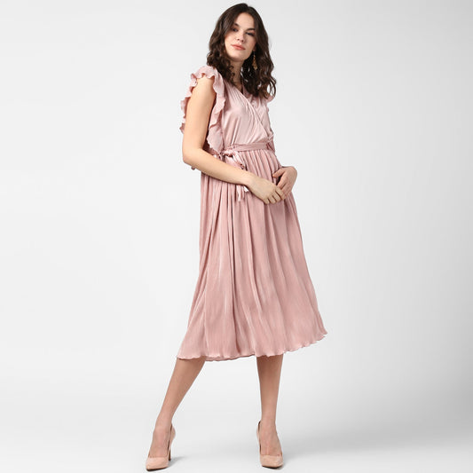Women's pink Satin Pleating Evening Midi Dress