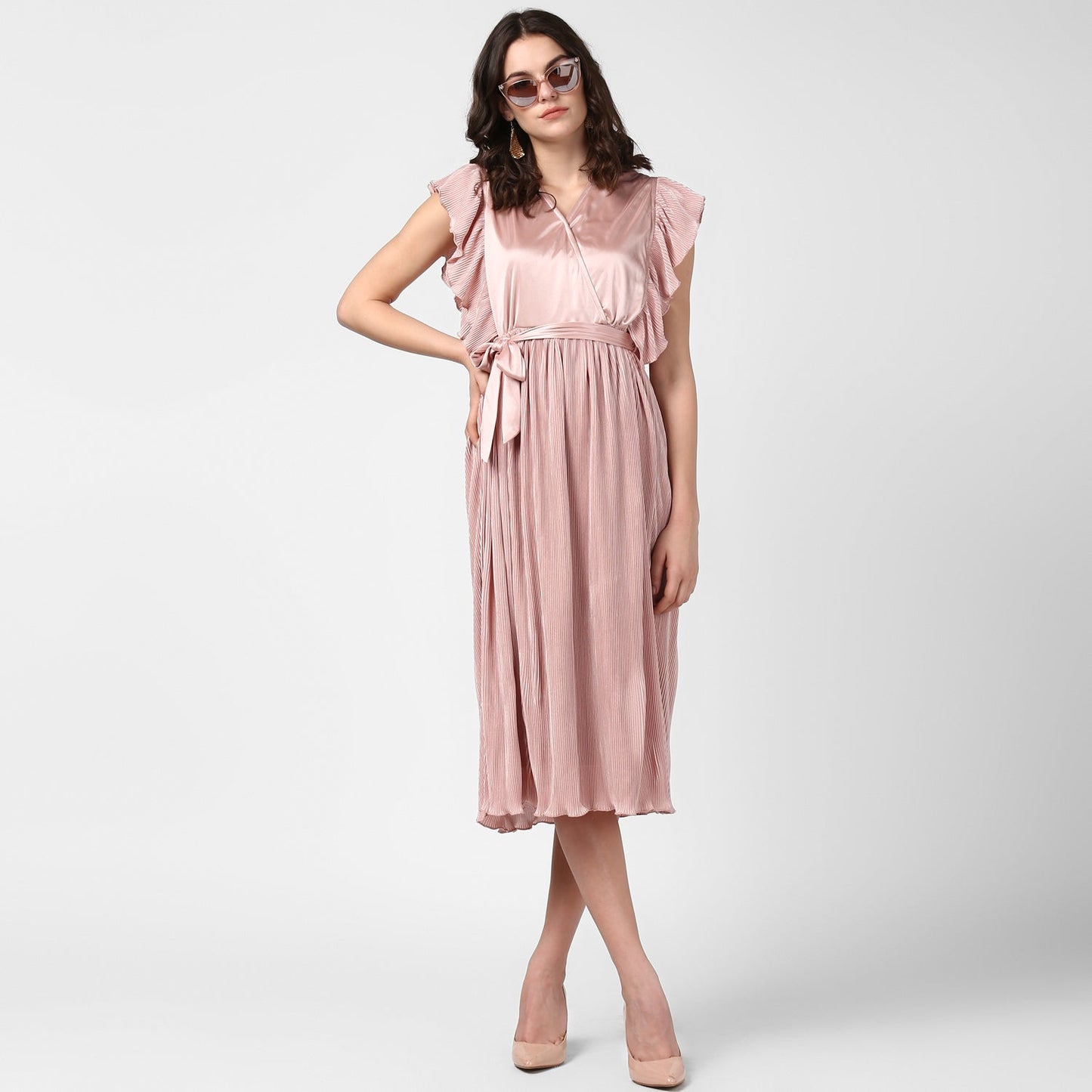 Women's pink Satin Pleating Evening Midi Dress