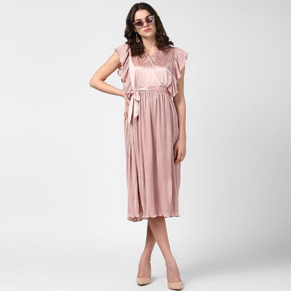 Women's pink Satin Pleating Evening Midi Dress