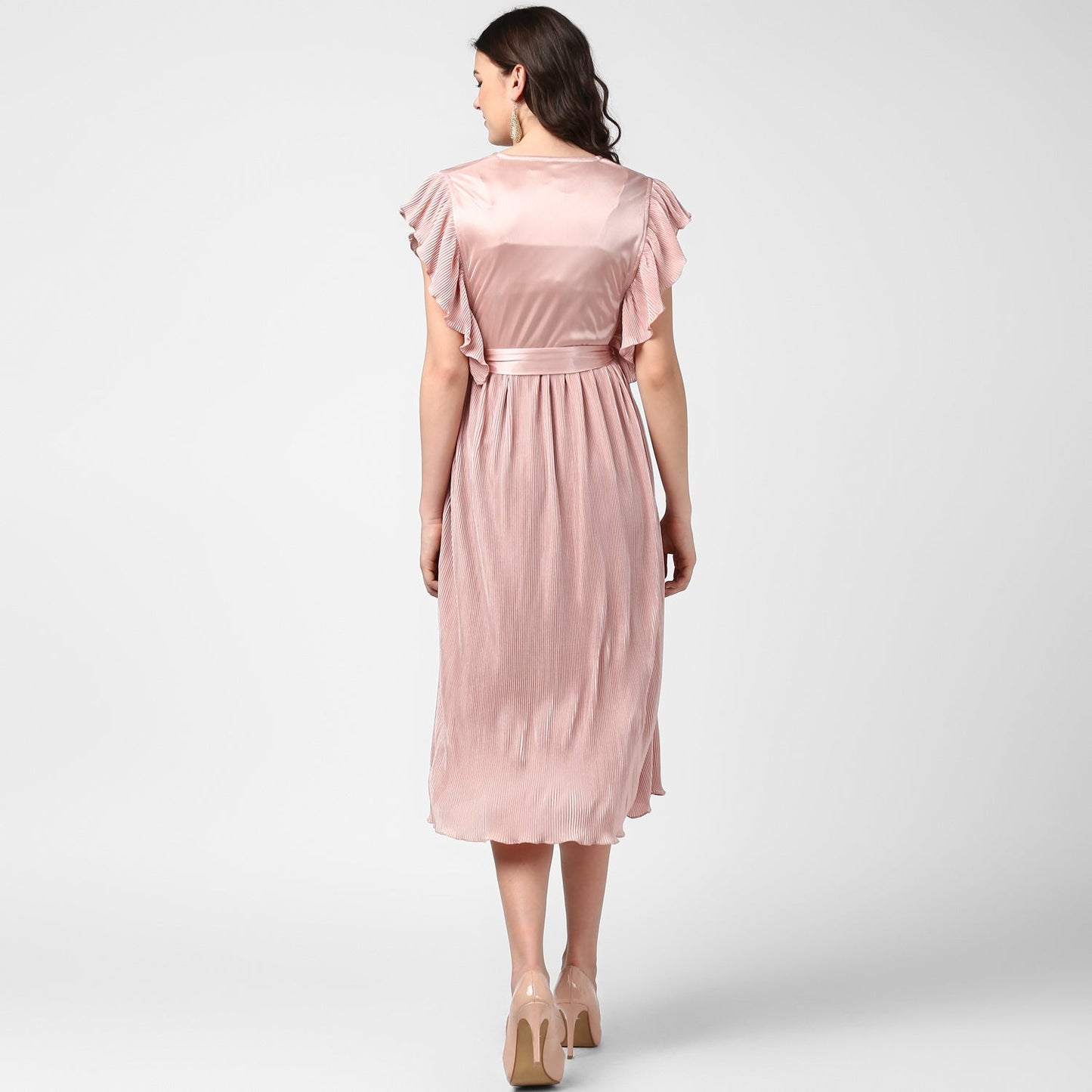 Women's pink Satin Pleating Evening Midi Dress