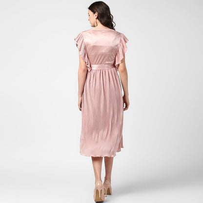 Women's pink Satin Pleating Evening Midi Dress
