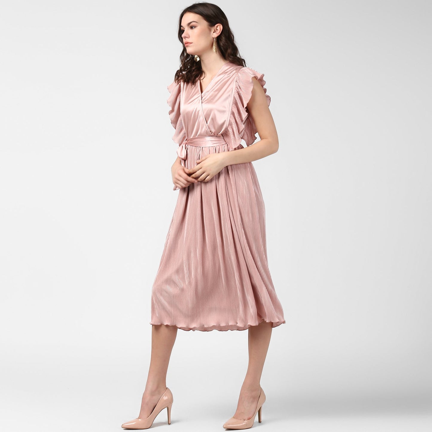 Women's pink Satin Pleating Evening Midi Dress