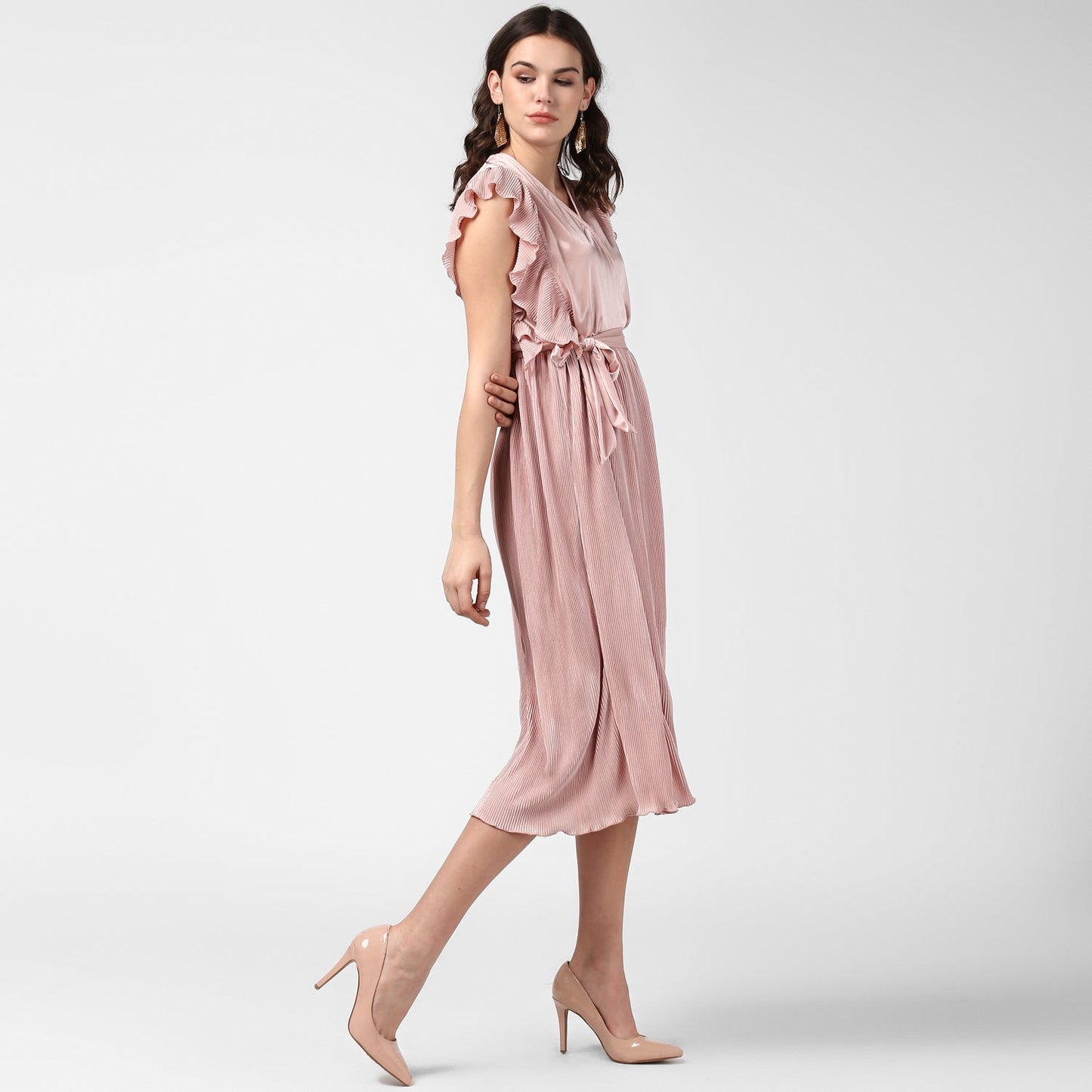 Women's pink Satin Pleating Evening Midi Dress