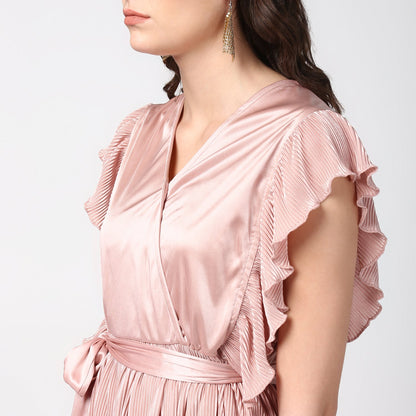 Women's pink Satin Pleating Evening Midi Dress