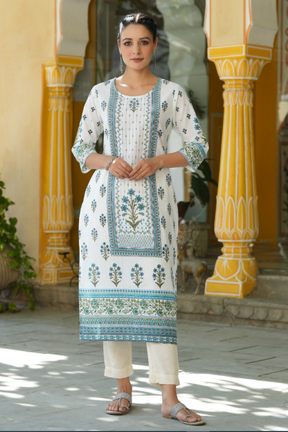 Women's Blue  Printed Straight Kurta
