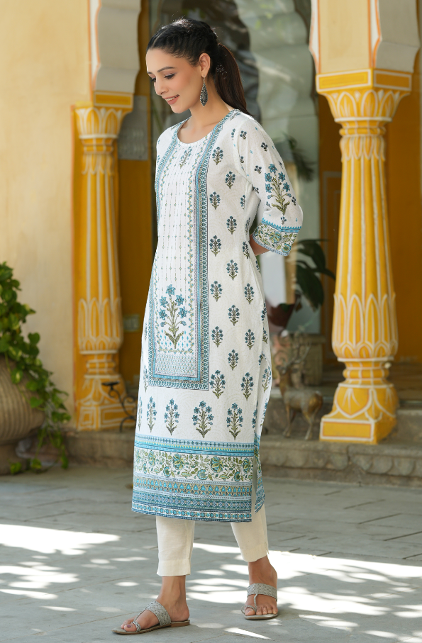 Women's Blue  Printed Straight Kurta
