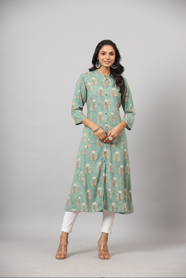 Women's Green  Printed A-Line Kurta