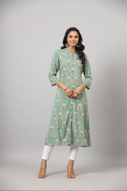 Women's Green  Printed A-Line Kurta