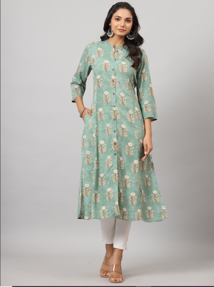 Women's Green  Printed A-Line Kurta